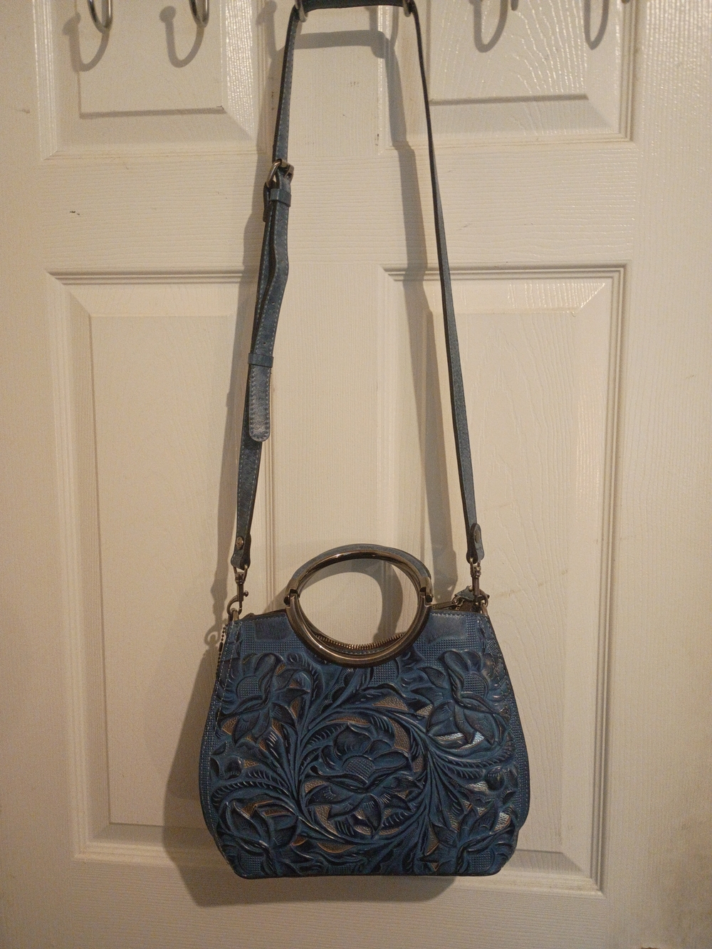 Patricia Nash Blue Floral Tooled Leather Crossbody with Top Ring Handles